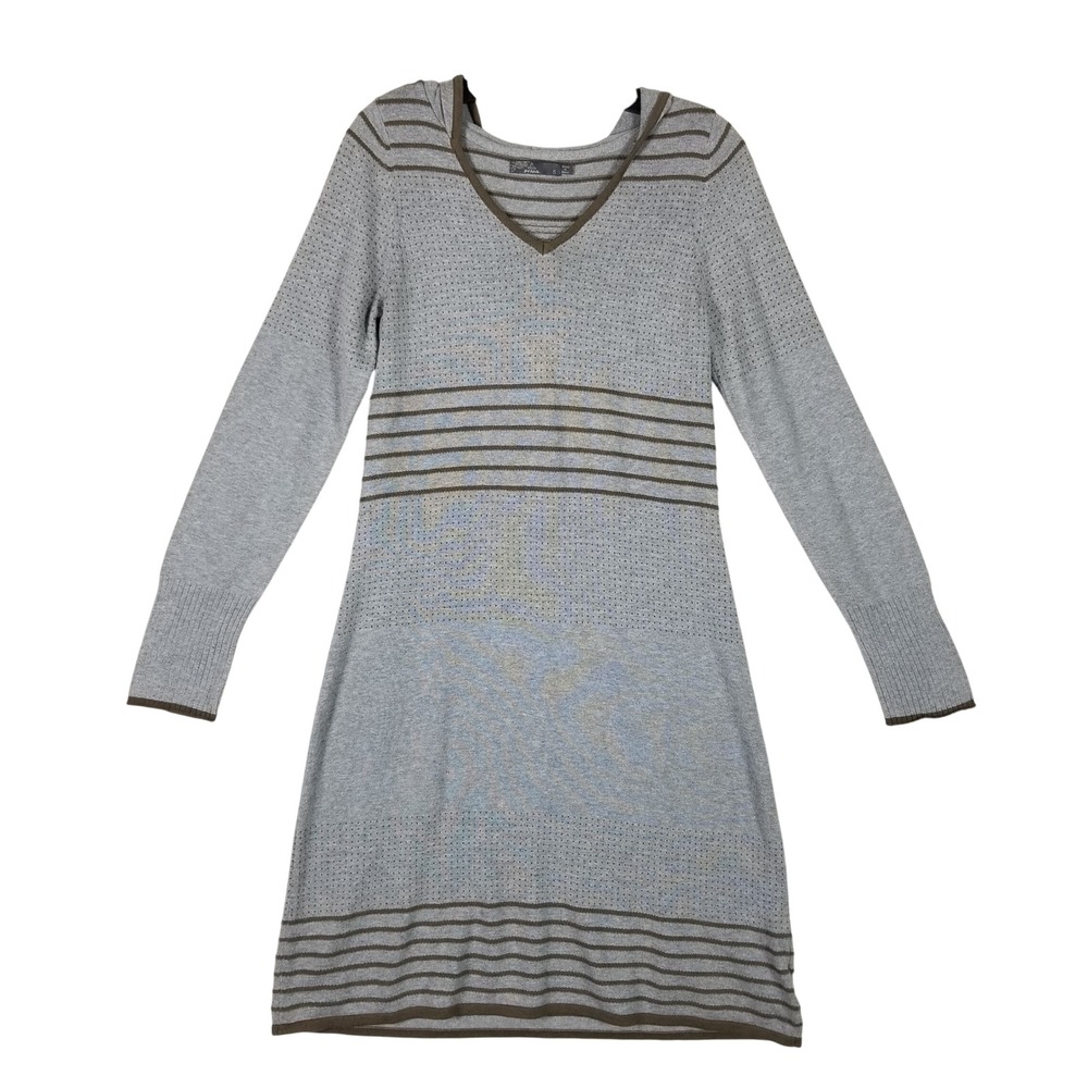 Prana Sweater Dress Womens S Gray Striped Hooded Organic Cotton Pointelle Knit